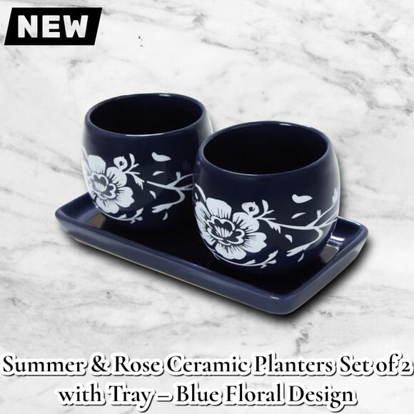 NEW Summer & Rose Ceramic Planters Set of 2 with Tray – Blue Floral Design - Picture 2 of 10